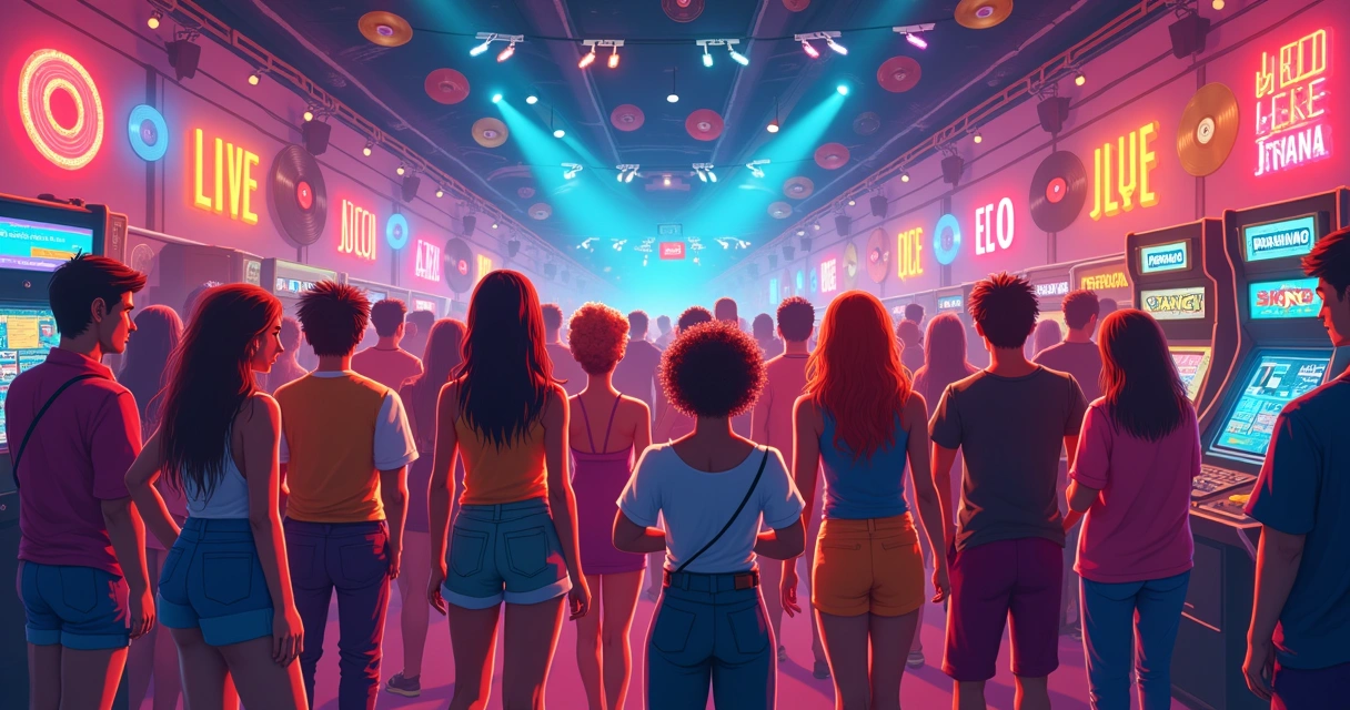 Grupo de pessoas fantasiadas no estilo anos 80 e 90 em evento retrô 