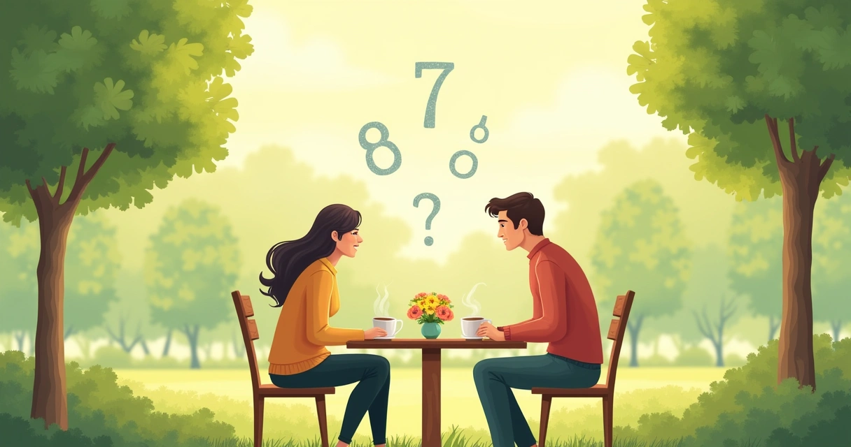 Casal em um encontro tranquilo em um parque, com um número 7 decorativo, transmitindo reflexão e conexão.