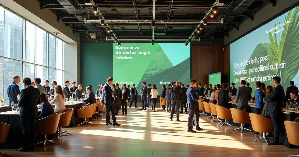Evento presencial com projetos, empresas e palestrante, ambiente moderno e sustentável