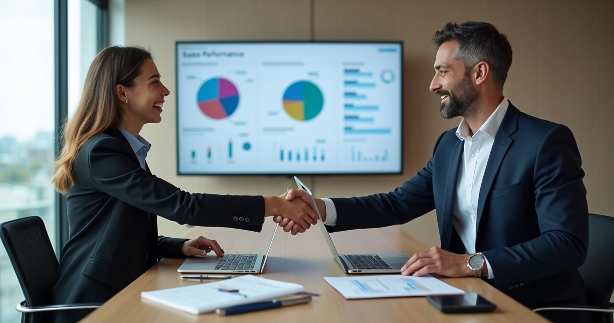 Encontro de SDR e vendedor apertando as mãos em sinal de parceria 