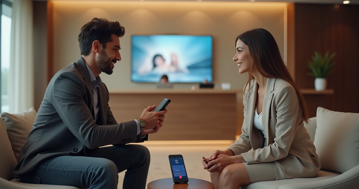 Homem e acompanhante conversando com discrição em saguão de hotel moderno 