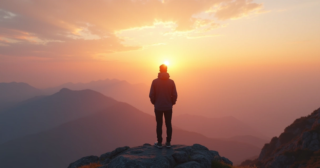 Pessoa olhando o nascer do sol no topo de uma montanha, simbolizando busca por sentido