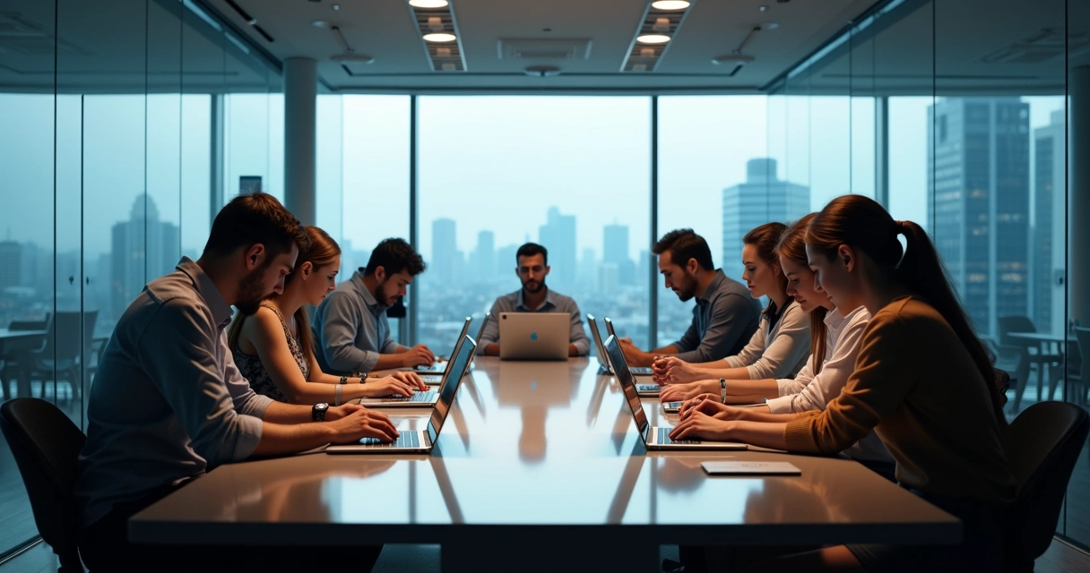 Equipe de trabalho reunida em silêncio contemplativo em uma sala moderna 