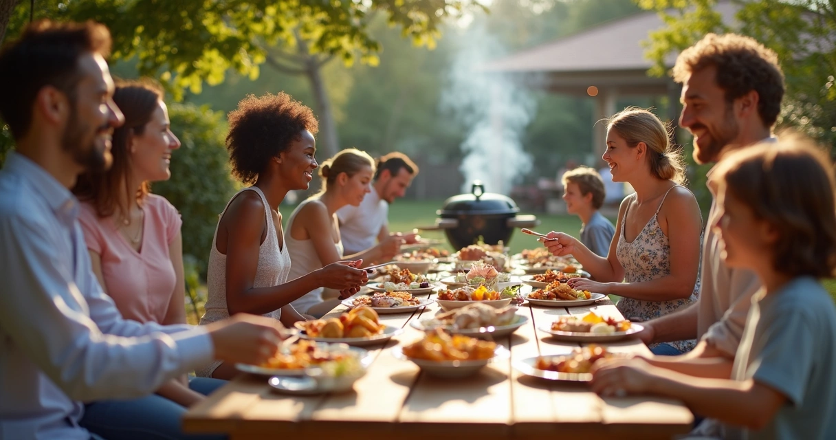 Pessoas reunidas rindo em um churrasco ao ar livre nos Estados Unidos. 