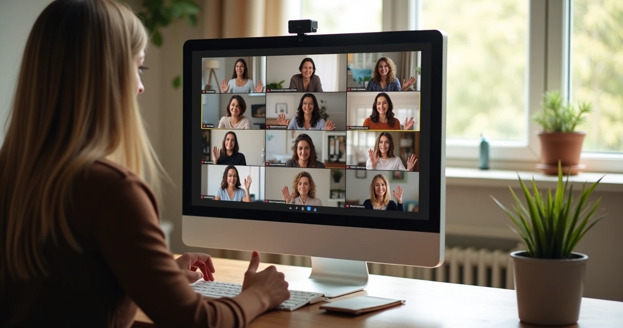 Tela de computador mostrando reunião online de mulheres cristãs 