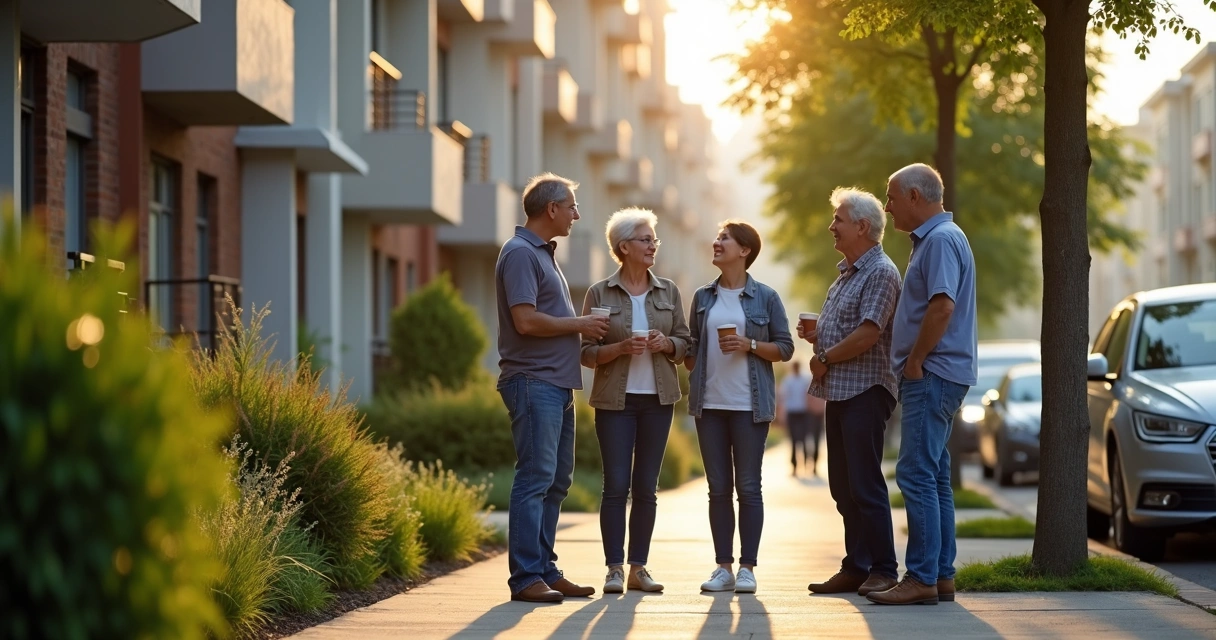 Vizinhos conversando amigavelmente em frente a prédios residenciais 
