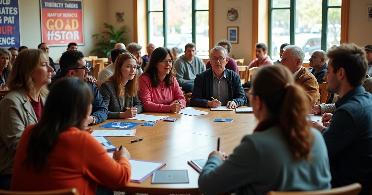 Voluntários políticos reunidos em reunião presencial 