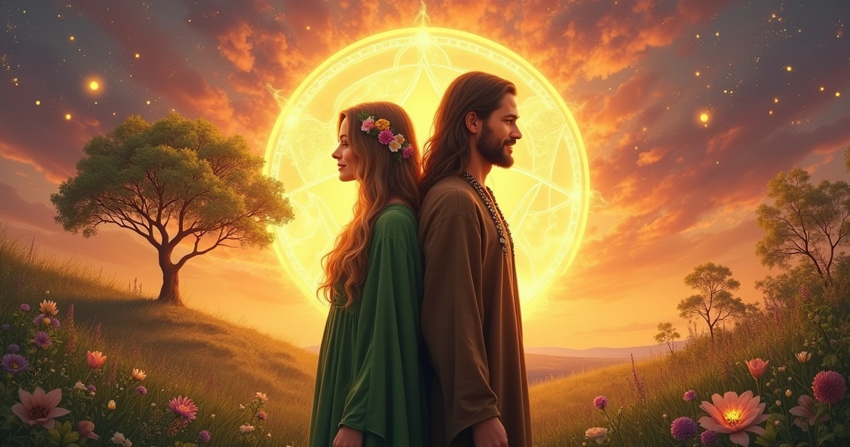 Cena de um encontro wiccano com a Deusa e o Deus, simbolizando os princípios da Wicca em meio à natureza.