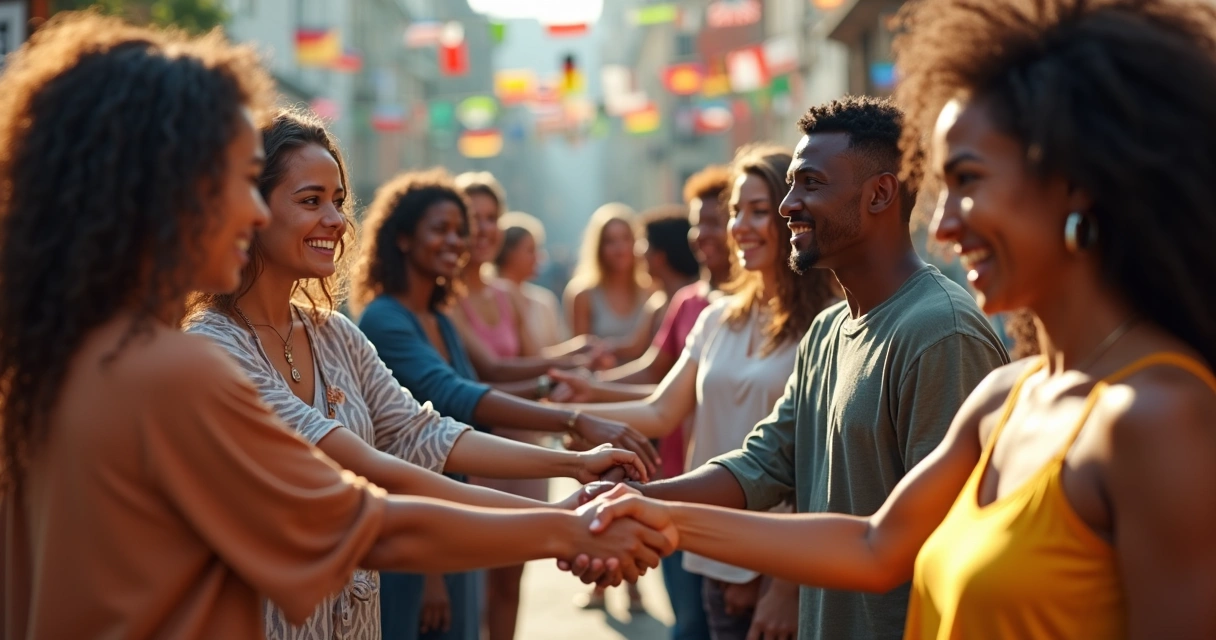 Dois grupos de pessoas de diferentes origens trocando olhares e cumprimentos 
