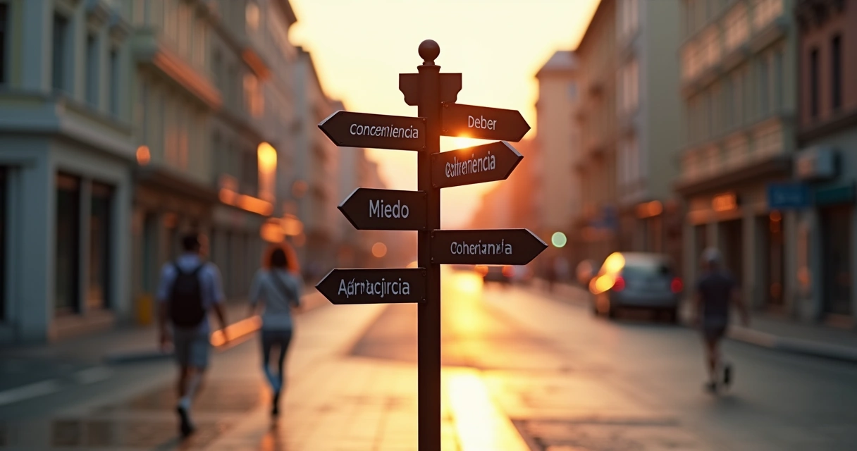 Cruce de calles con señales éticas contradictorias al atardecer 