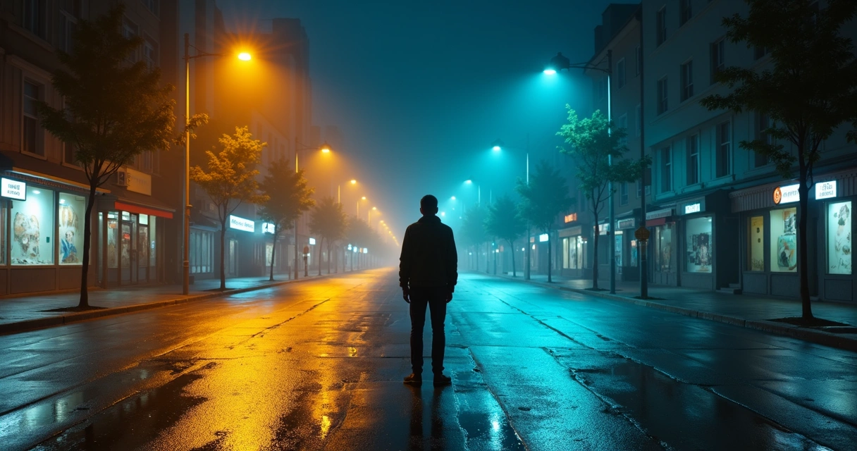 Pessoa sozinha em encruzilhada urbana com duas ruas de luzes contrastantes 
