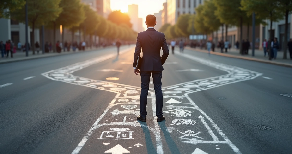 Profissional em encruzilhada avaliando escolha entre dois caminhos de liderança 