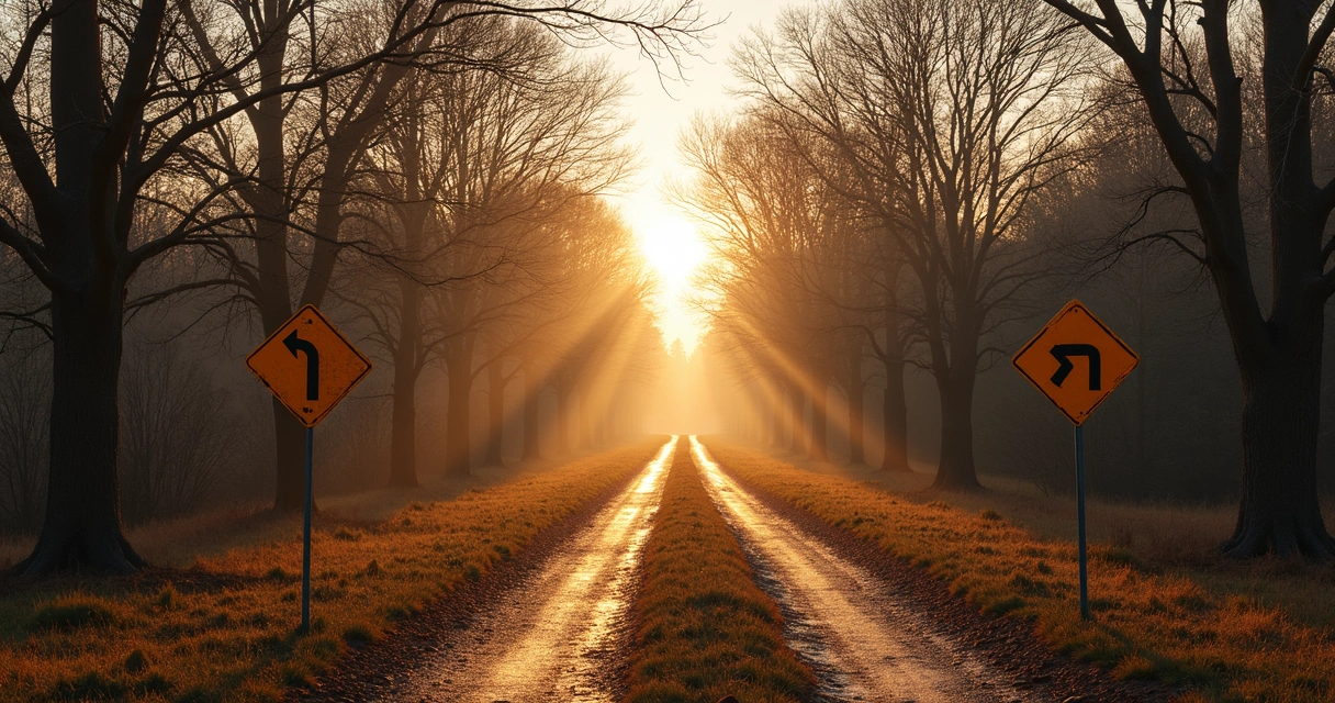 Estrada se bifurcando com placas e folhas caídas no chão 