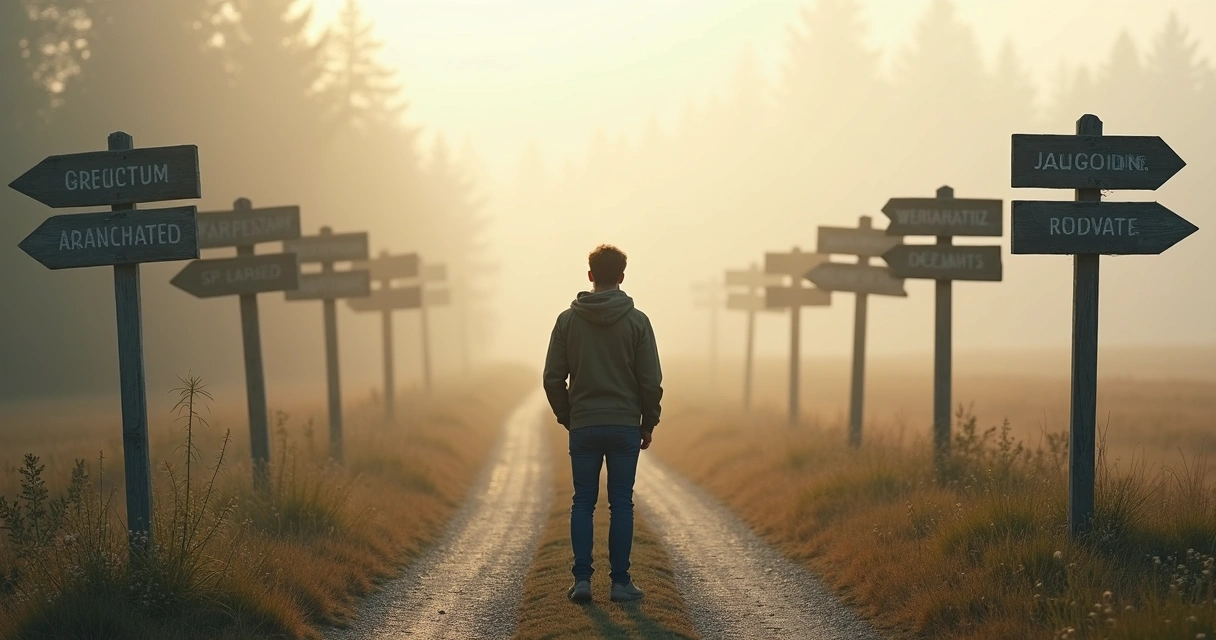 Pessoa parada diante de encruzilhada com placas indicando diferentes caminhos 