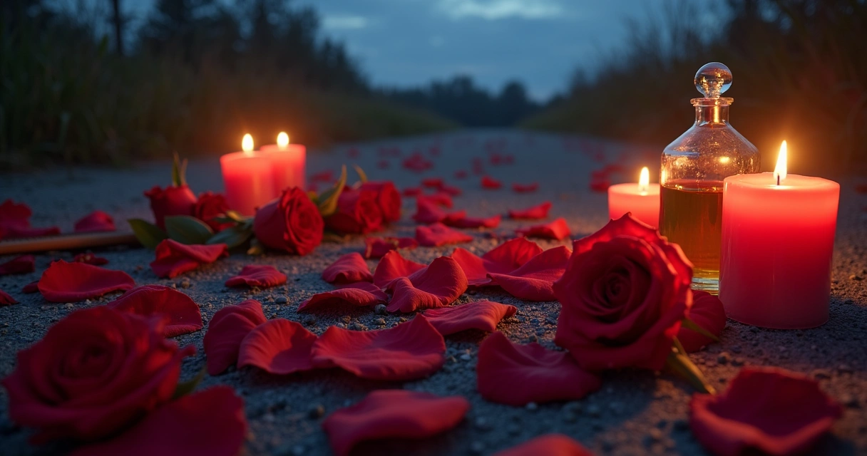 Encruzilhada com velas acesas e rosas vermelhas