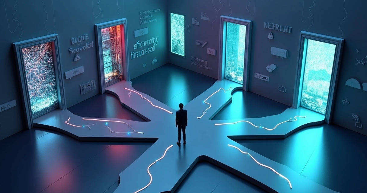 Executivo diante de sete portas digitais simbolizando escolhas em consultoria de IA 