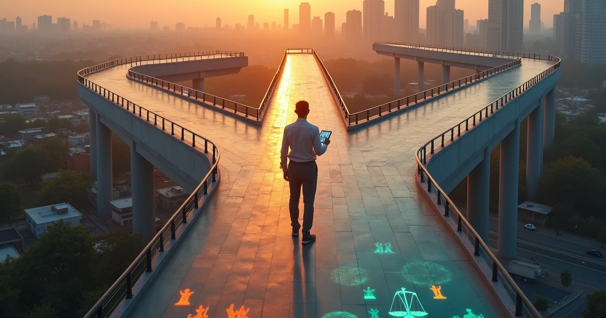 Pessoa em encruzilhada analisando o impacto humano de suas escolhas 