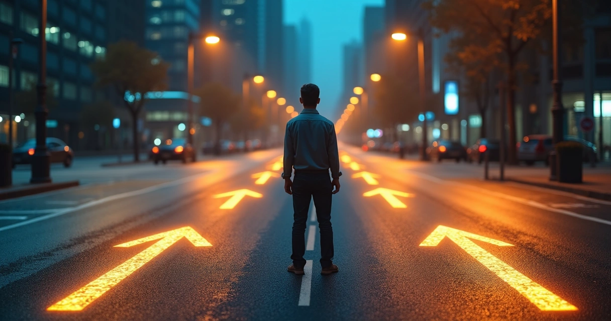 Pessoa parada em encruzilhada observando placas de diferentes caminhos 