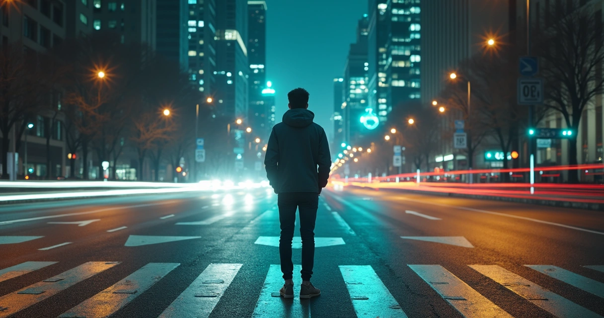Pessoa em encruzilhada com caminhos iluminados representando decisões automáticas e conscientes 