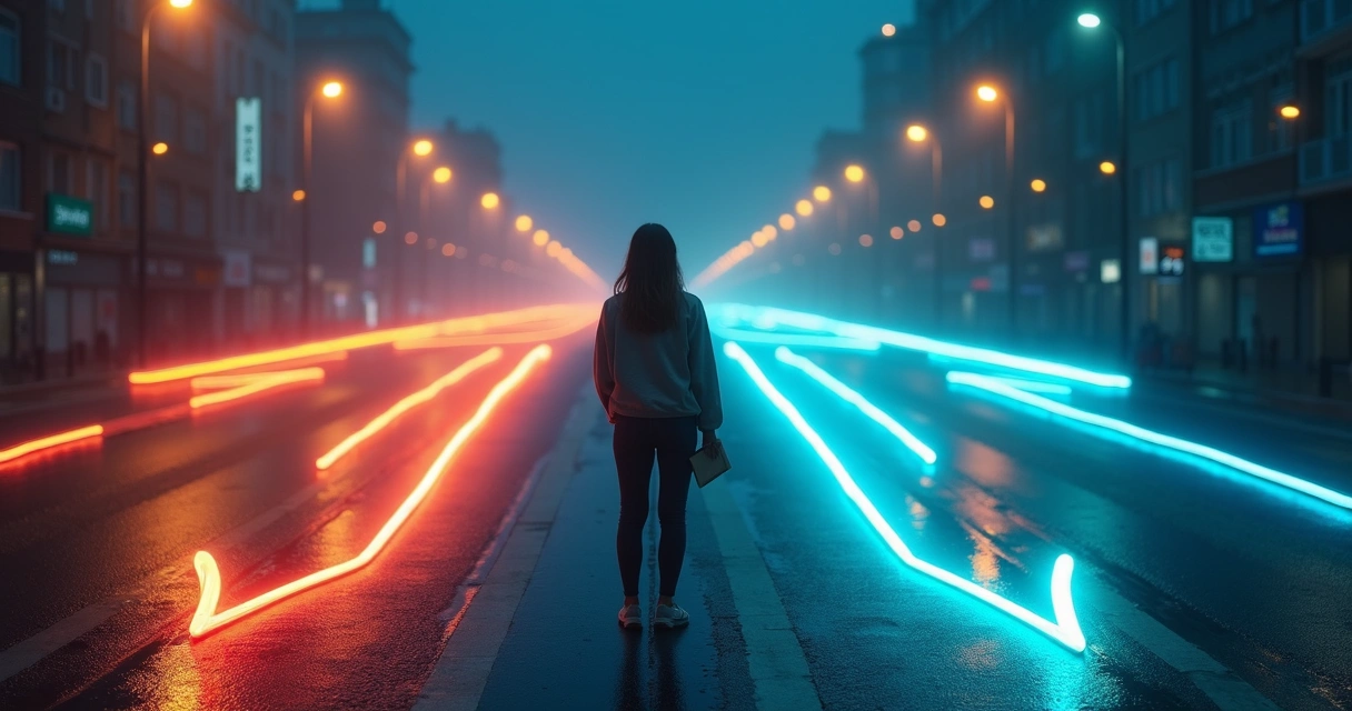 Pessoa em encruzilhada iluminada por setas de néon contrastando impulso e reflexão 
