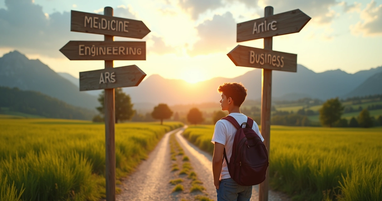 Jovem parado em encruzilhada com placas de diferentes caminhos de estudo 
