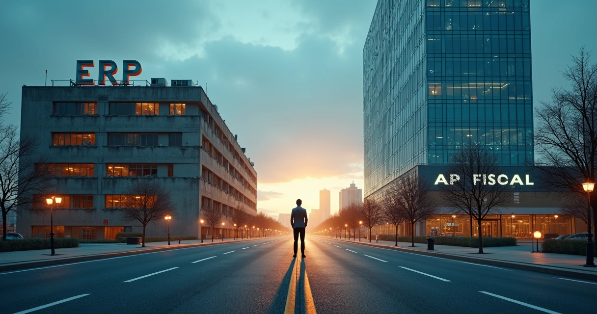 Estrada dividida mostrando escolha entre sistema ERP pesado e API fiscal moderna 