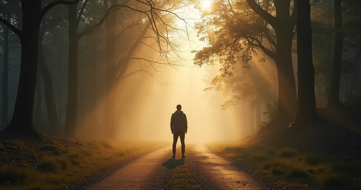 Pessoa diante de encruzilhada observando dois caminhos em luz suave 