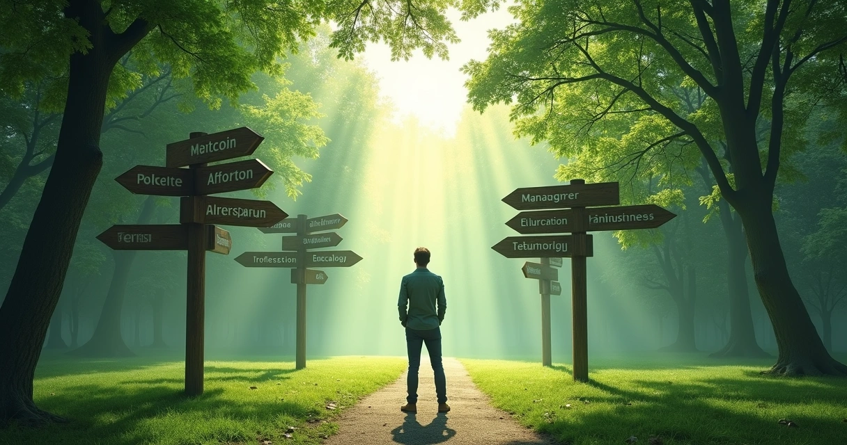 Pessoa parada diante de bifurcação com placas de opções de carreira 