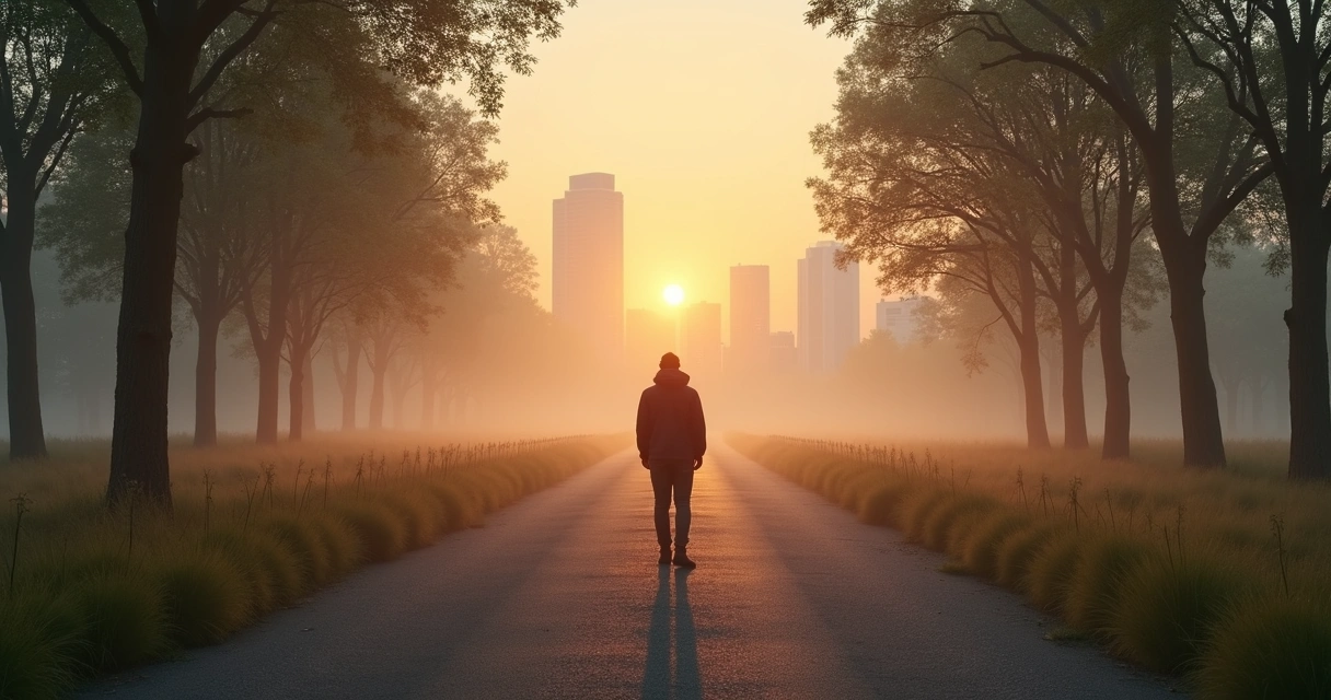 Pessoa em encruzilhada observando caminhos com luz suave ao amanhecer
