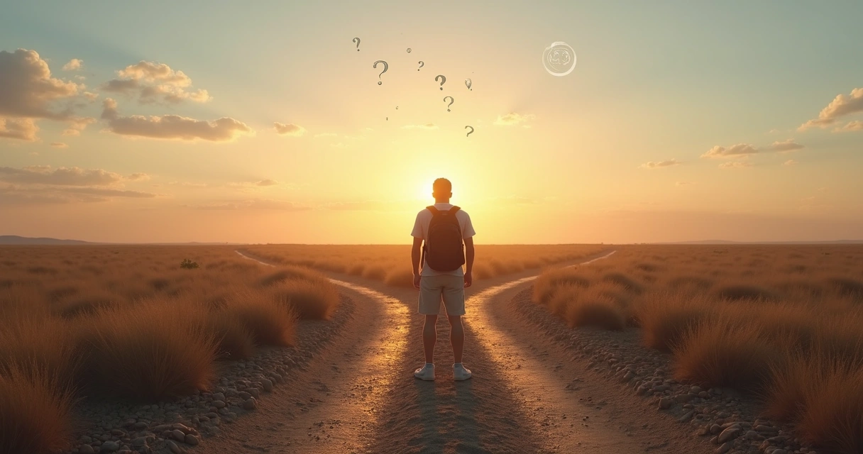 Pessoa em encruzilhada observando vários caminhos iluminados ao amanhecer 