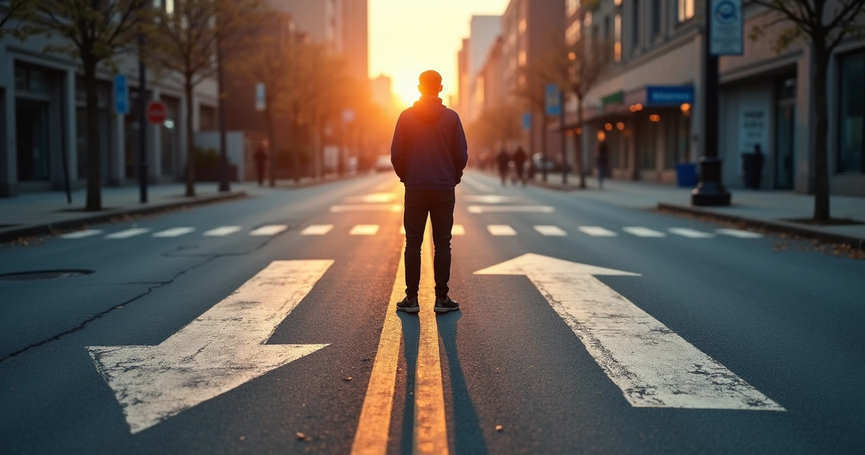 Pessoa parada diante de duas setas em chão urbano ao entardecer 