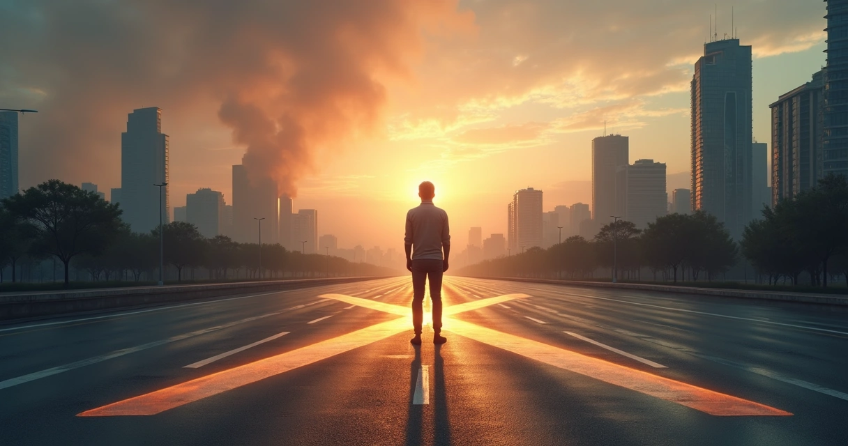 Pessoa em encruzilhada luminosa escolhendo caminho ético em meio a cidade em crise 