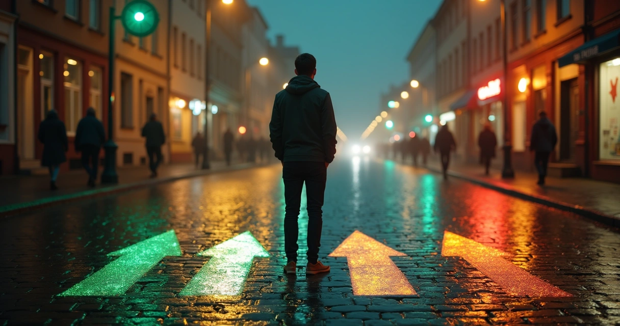 Pessoa parada em encruzilhada iluminada à noite na cidade 