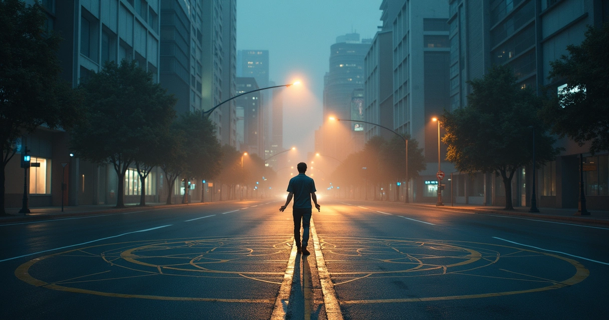 Filósofo solitário em encruzilhada luminosa refletindo sobre escolha ética 