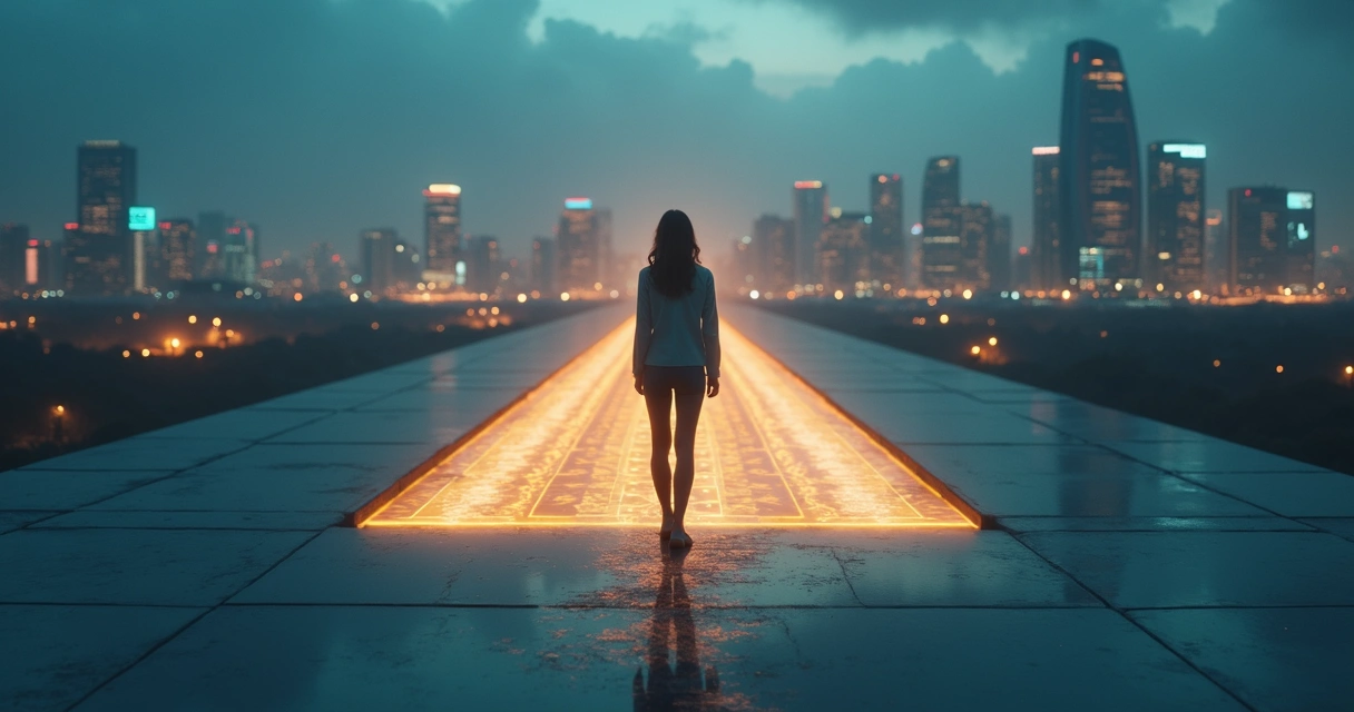 Executiva observa encruzilhada luminosa com cidade futurista ao fundo 