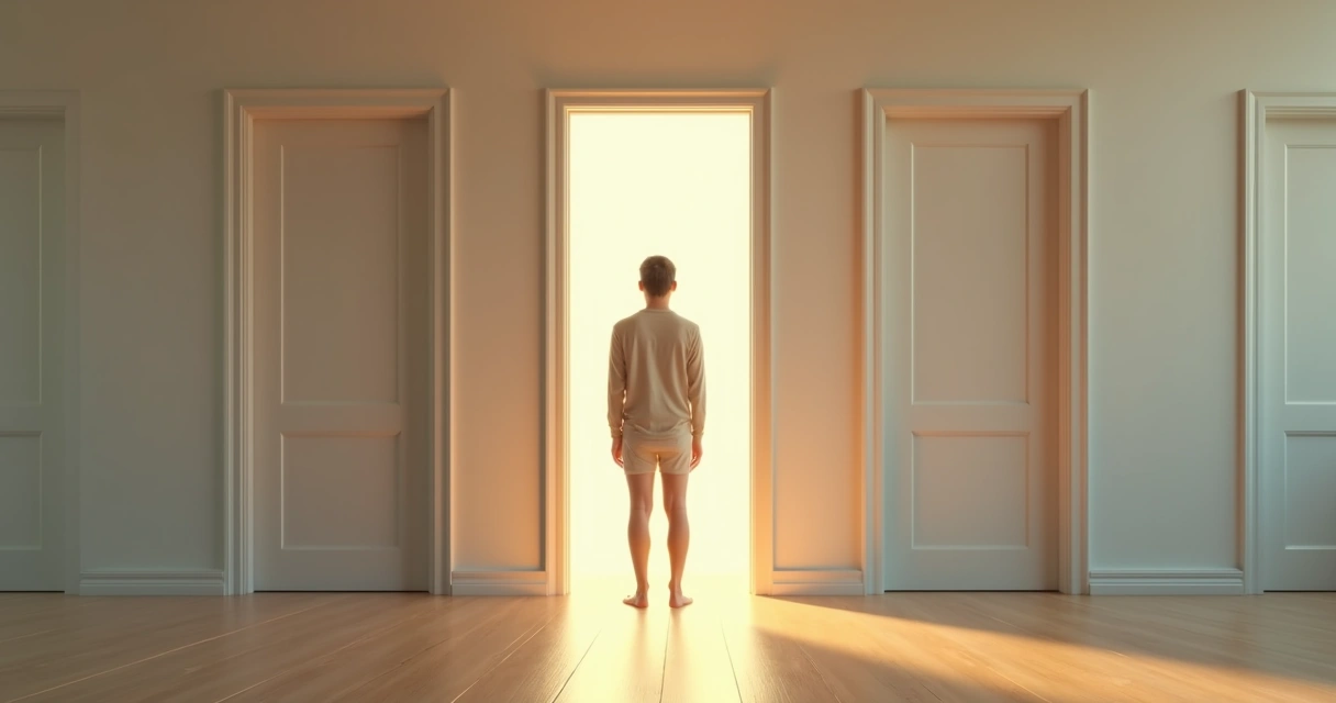 Pessoa em sala minimalista diante de porta iluminada hesitando em qual caminho seguir 