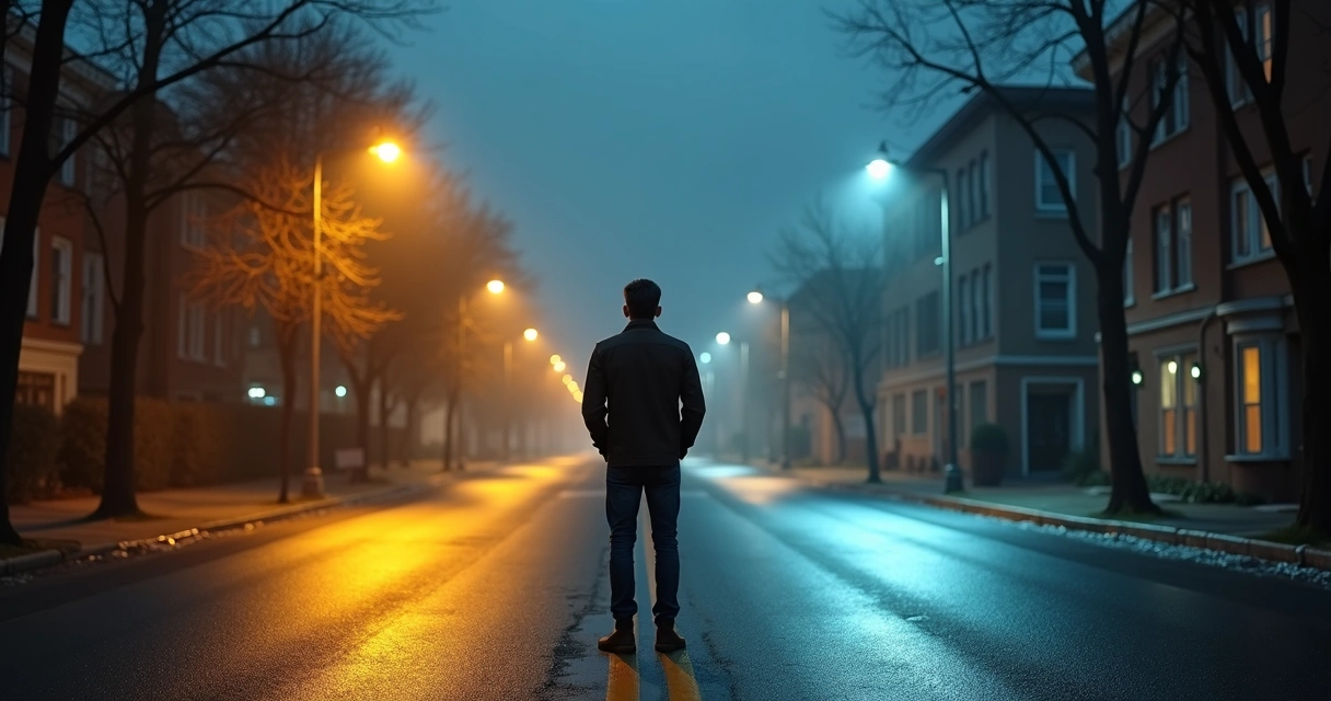 Pessoa parada em encruzilhada iluminada por duas luzes contrastantes à noite 