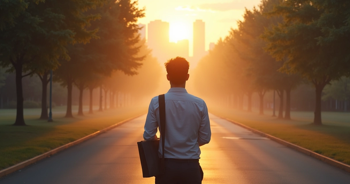 Pessoa observando caminhos em encruzilhada ao amanhecer