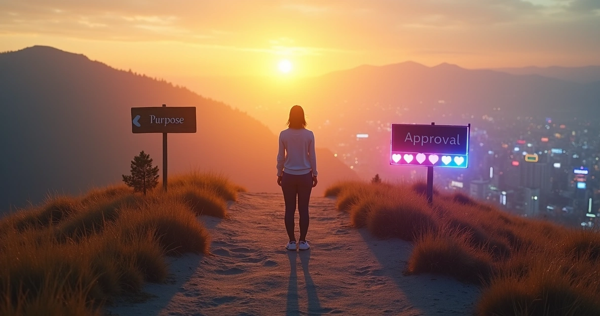 Pessoa em encruzilhada escolhendo entre propósito e aprovação social 