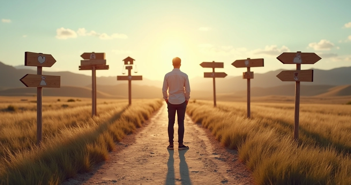 Pessoa em encruzilhada observando símbolos de diferentes valores nas placas 