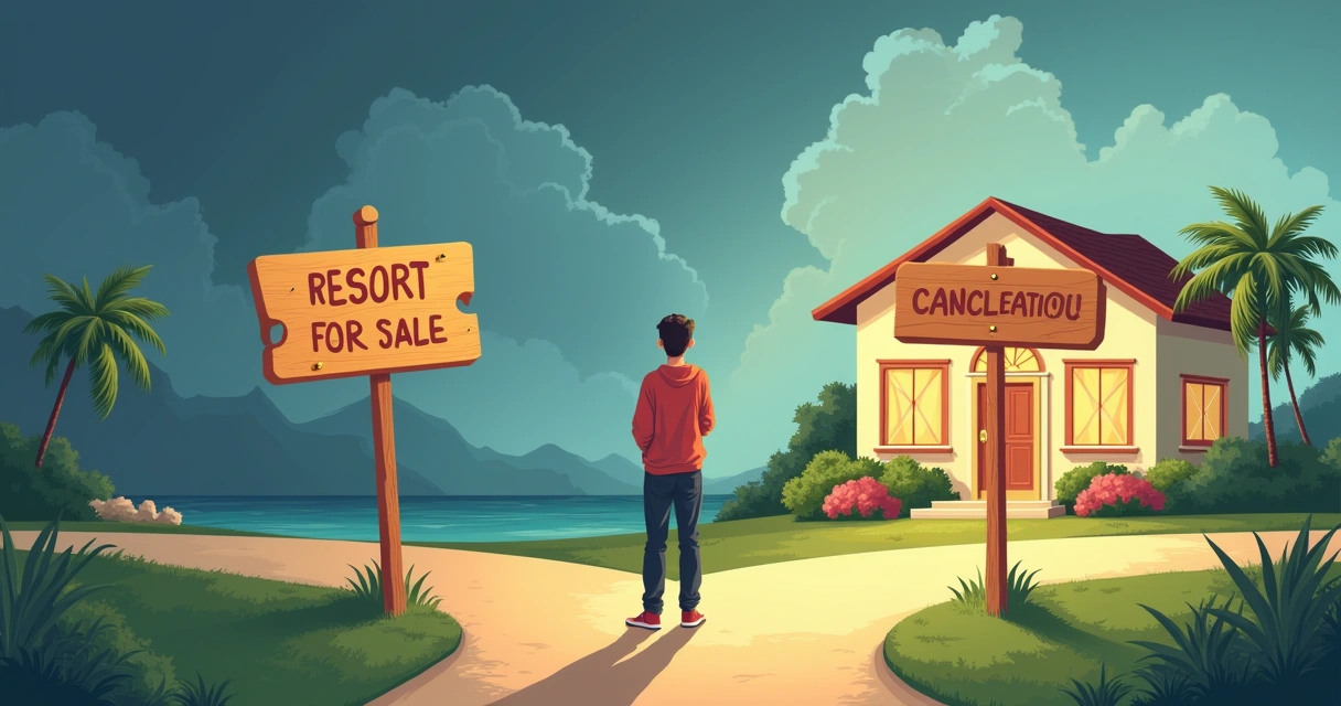 Ilustração de uma encruzilhada com opções de vender cota de resort ou cancelar contrato, simbolizando decisões financeiras.