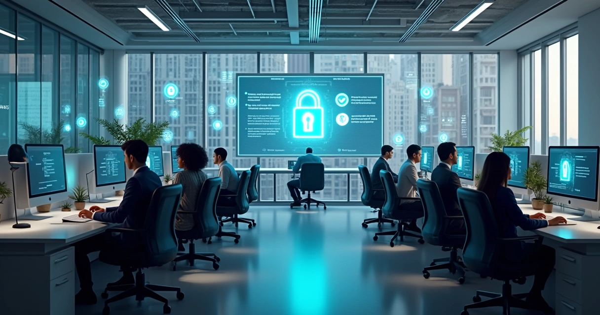 Office staff working on computers with data security and compliance icons