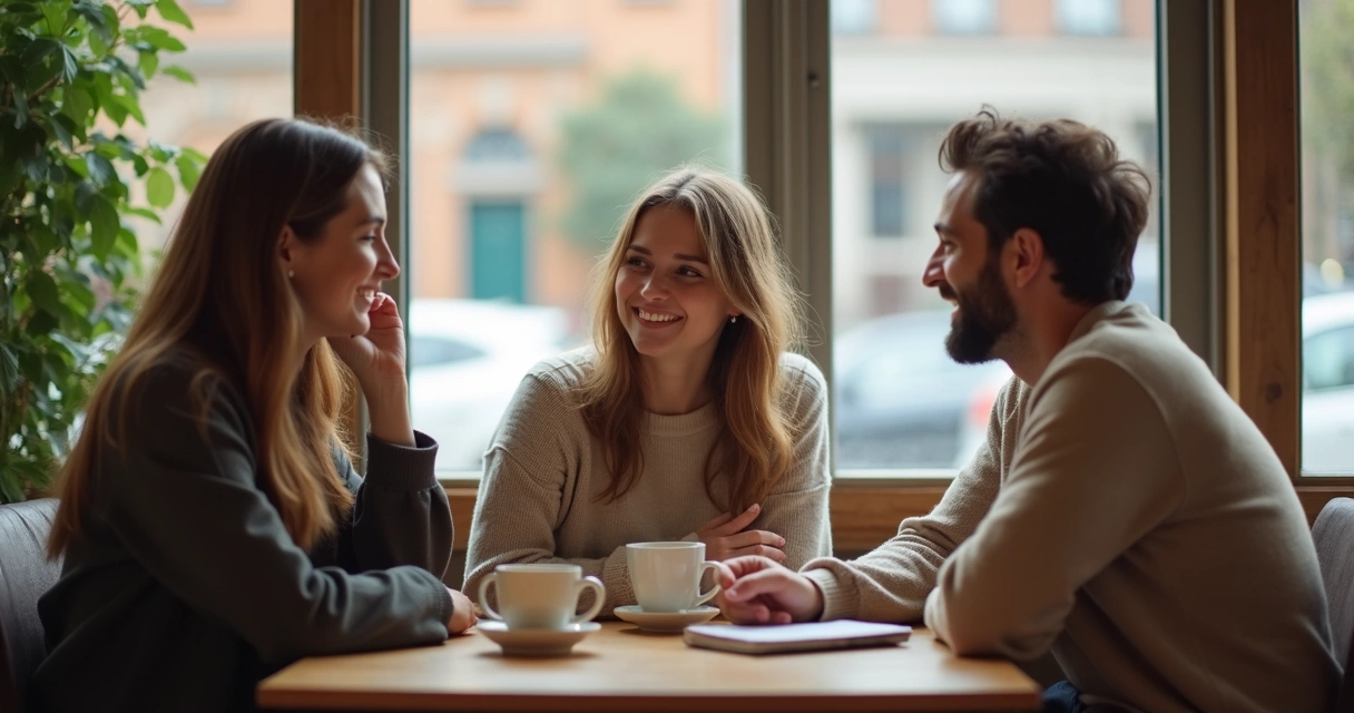 Tres adultos compartiendo café en una mesa con gesto cercano