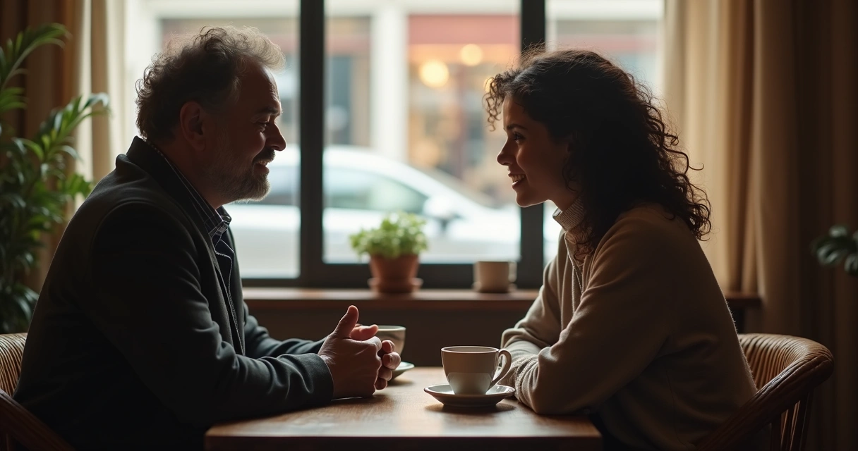 Dos personas conversando con atención en una mesa de café 