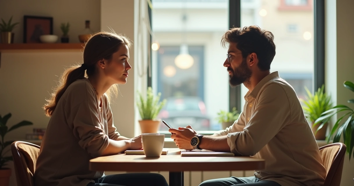 Dos personas conversando en una cafetería tranquila