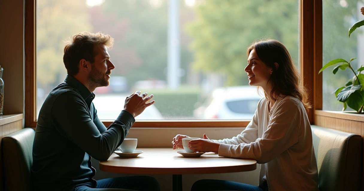 Dos personas conversando en una mesa de café con ambiente sereno 