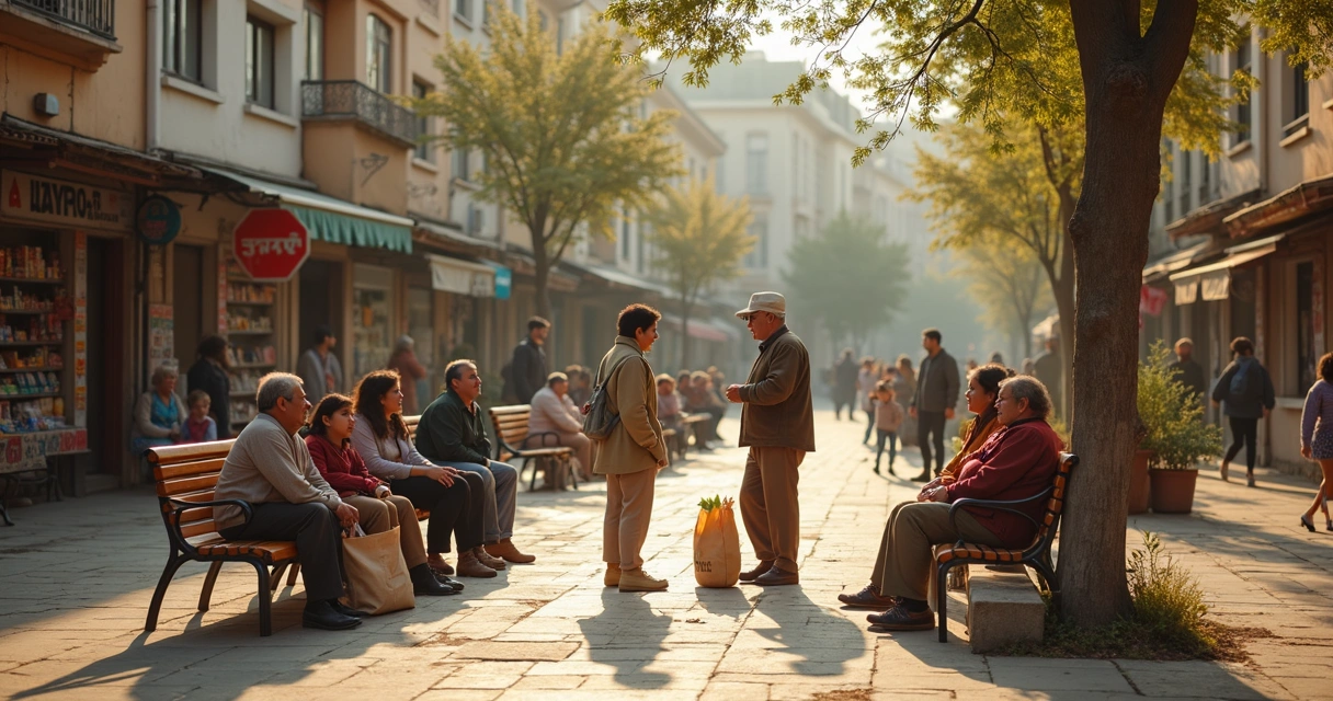 Vecinos conversando en una plaza urbana con diversidad cultural 