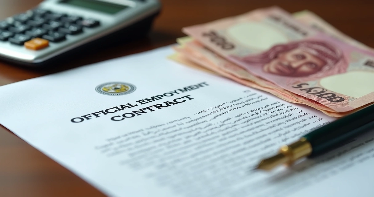 Calculator and pen with Saudi riyals and employment contract