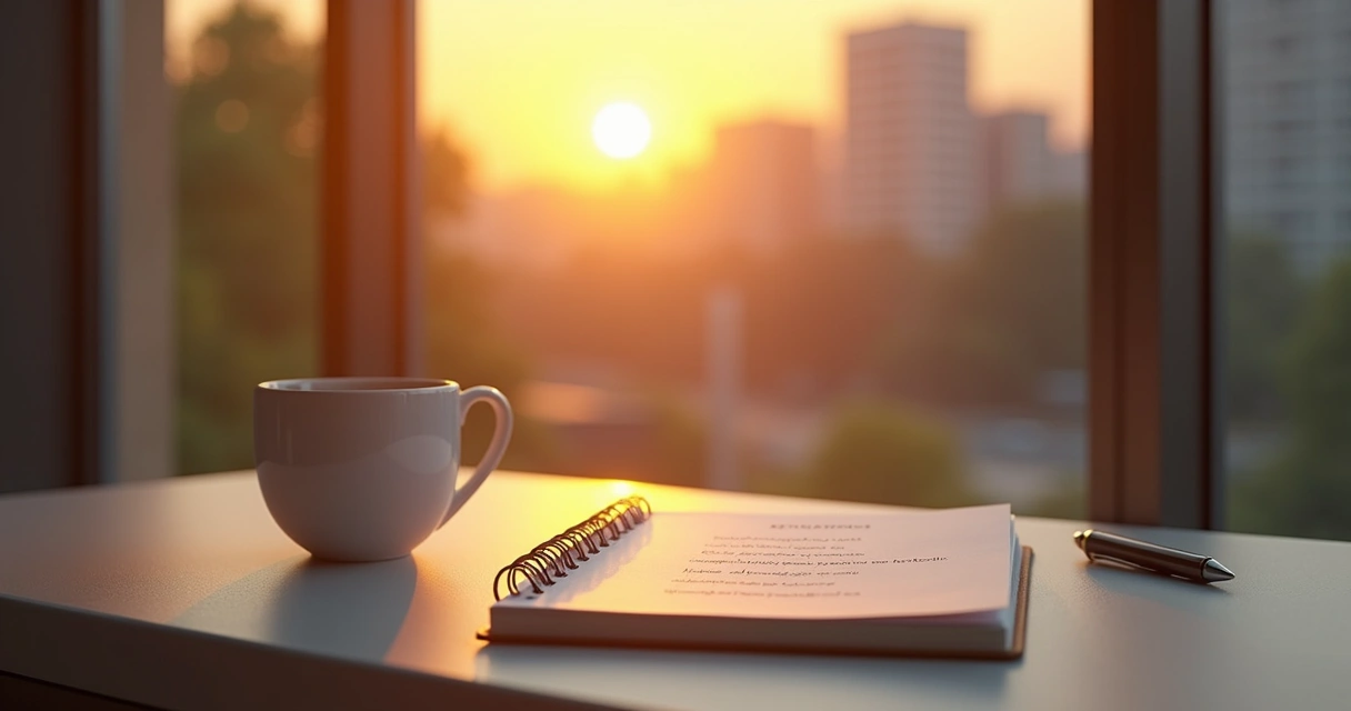 Notebook and pen with reflection prompts at office desk 