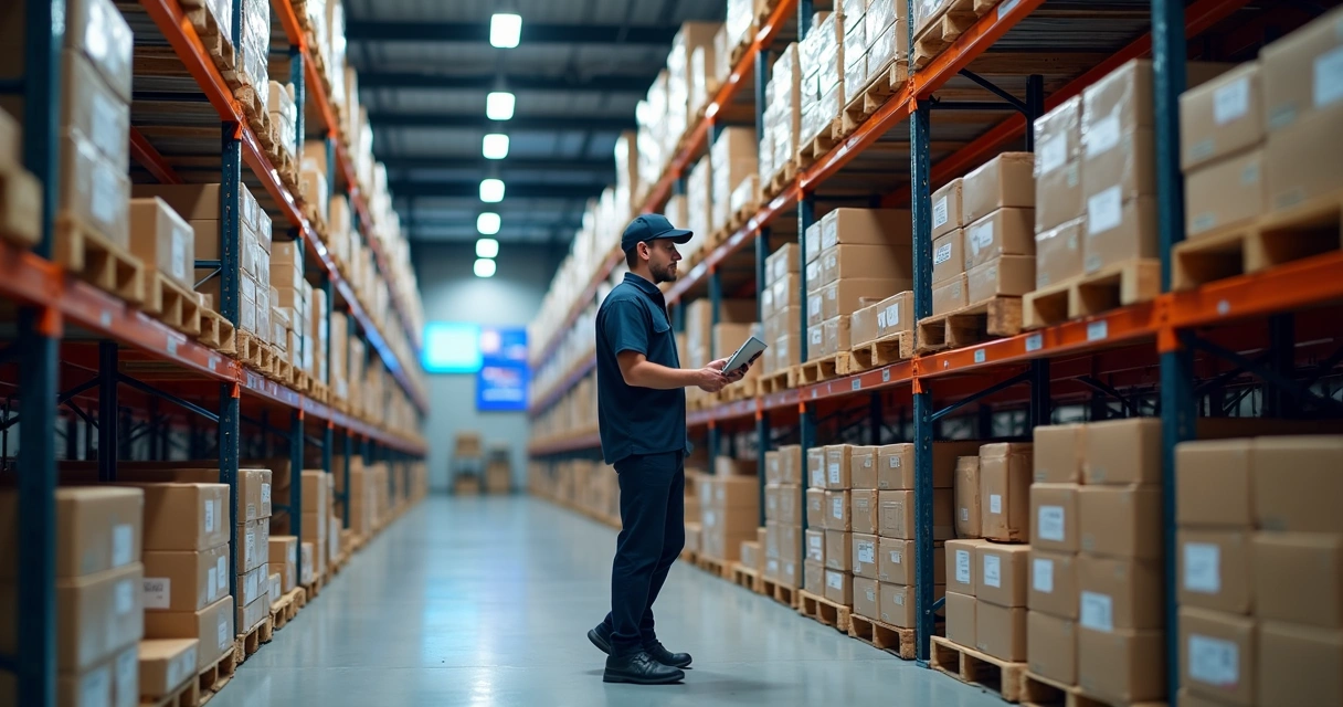 Prateleiras organizadas em depósito com produtos etiquetados por RFID e códigos de barras, operador com tablet conferindo estoque